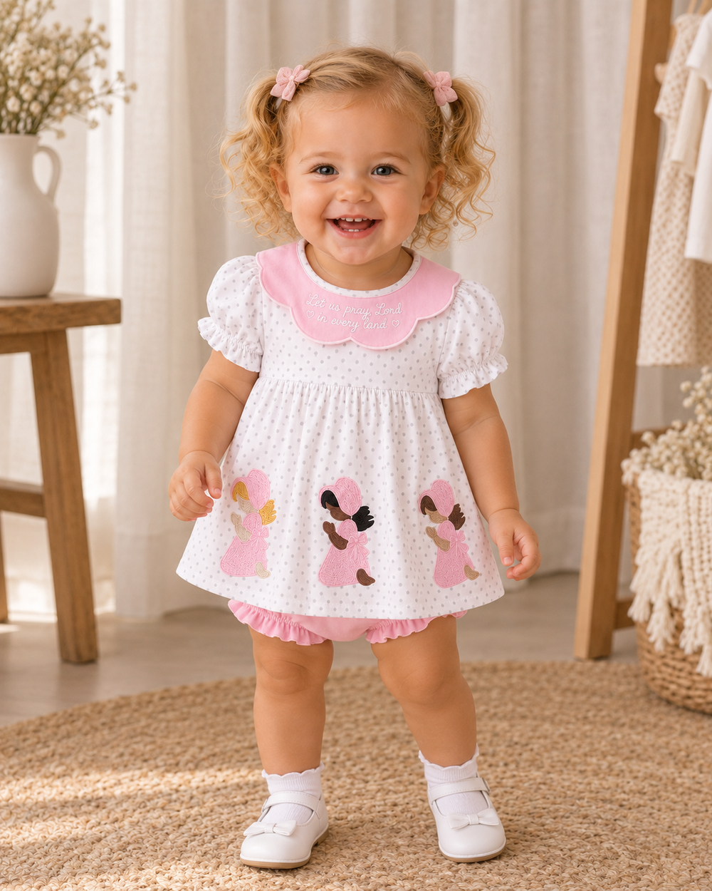 Toddler wearing white dotted ruffle dress with pink bloomer and angel embroidery