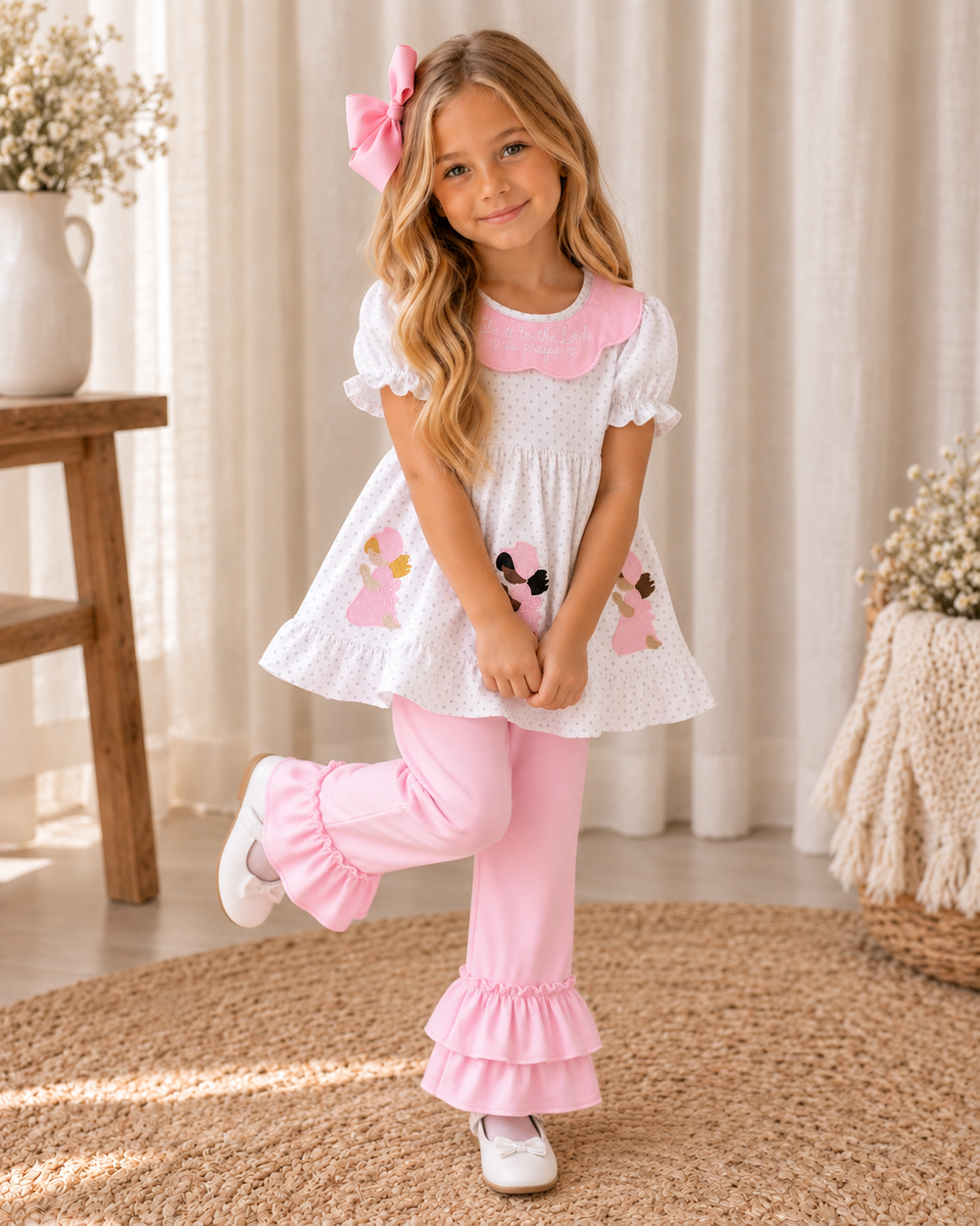 Girls' pink and white outfit: polka-dot dress with pink collar and ruffle pants