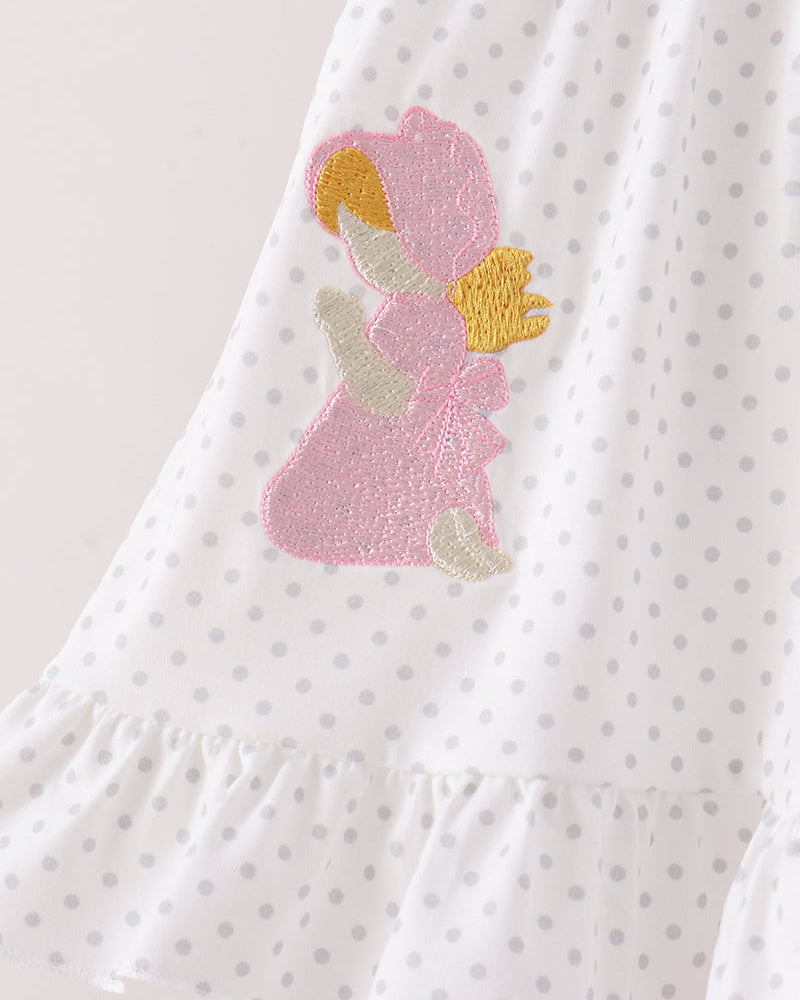 Ruffle pants from a pink prayer set with white polka dots and pink-gold embroidery