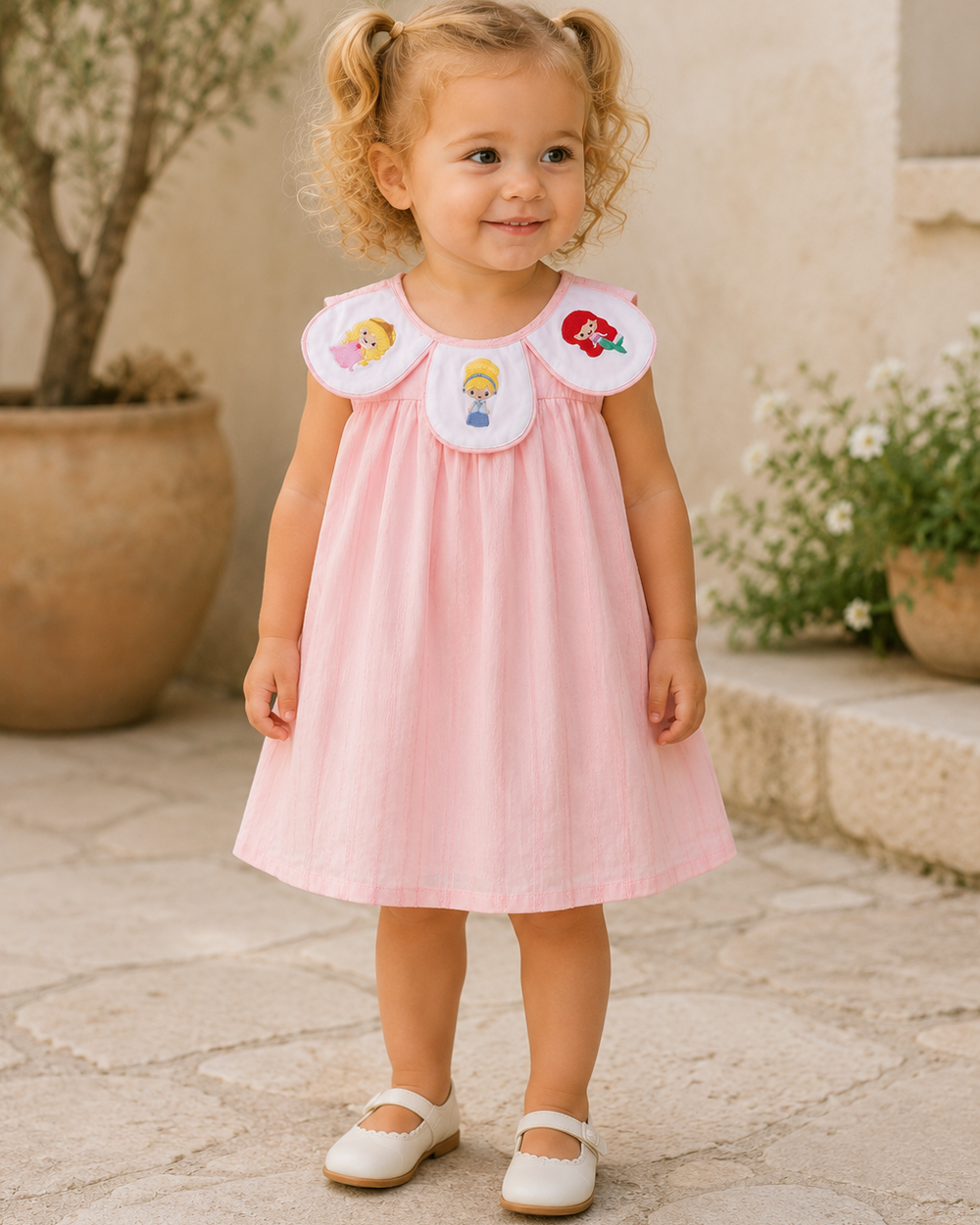 Young girl wearing a pink dress with embroidered details outdoors.