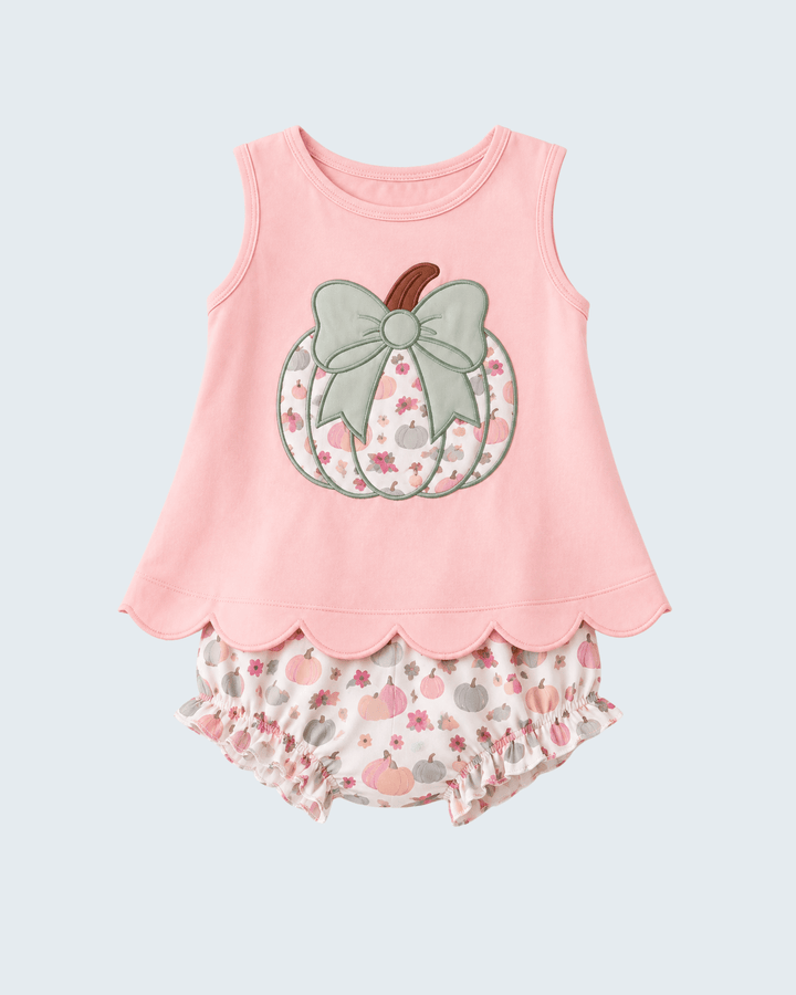 Pink sleeveless top and pumpkin-print bloomer set with bow appliqué