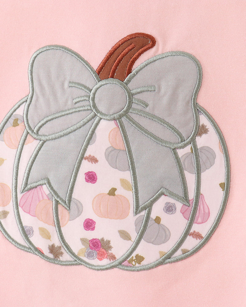 Pumpkin bow appliqué bloomer set with pastel pumpkin print