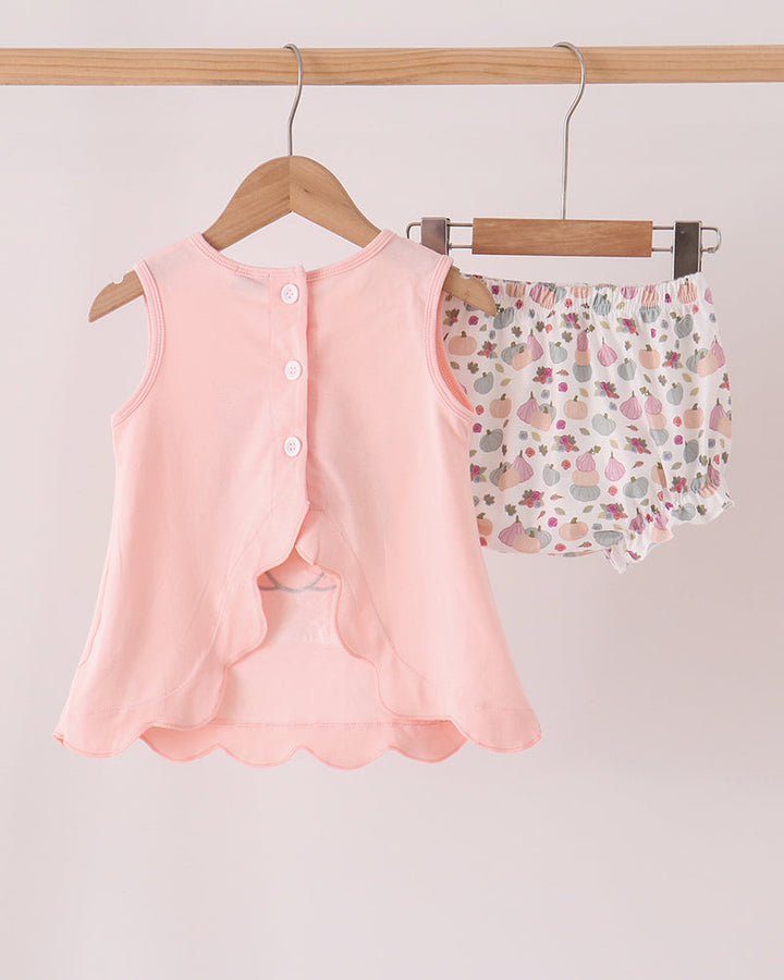 Pink sleeveless top with button front and floral pumpkin-print bloomer shorts set