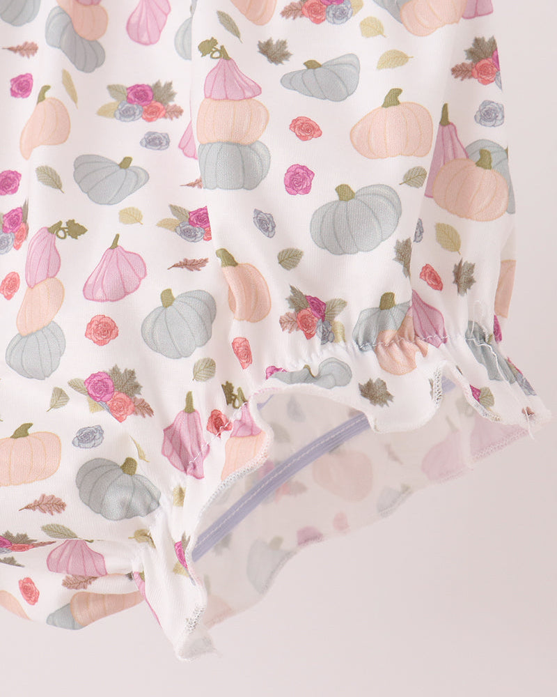Floral pumpkin print bloomers with elastic waistband and ruffle trim