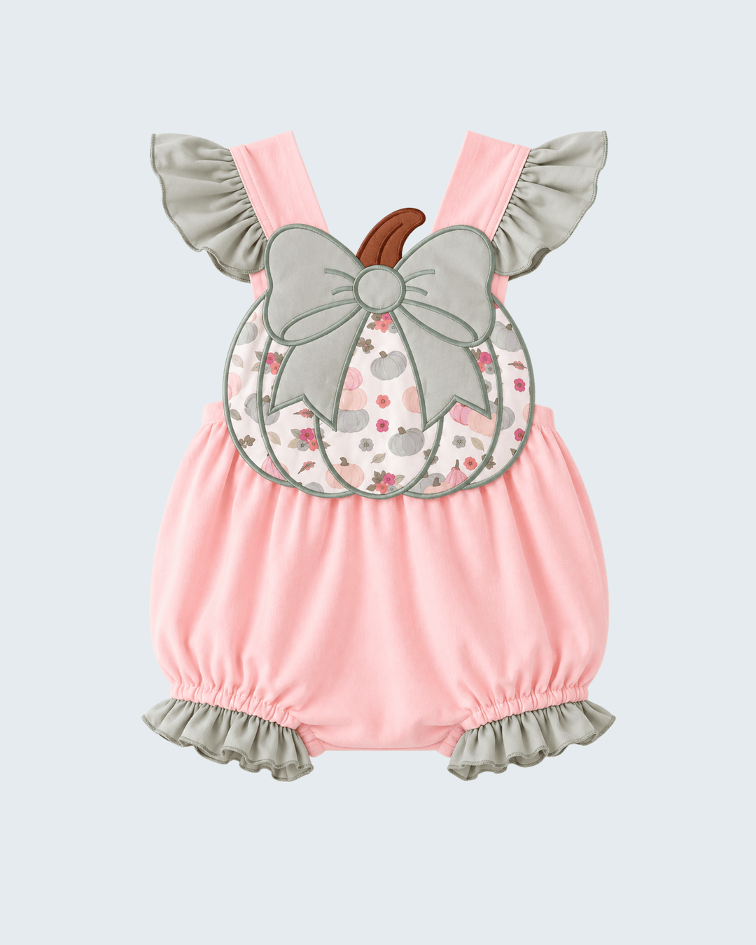 Pink pumpkin bow appliqué bubble romper with ruffle straps and hem