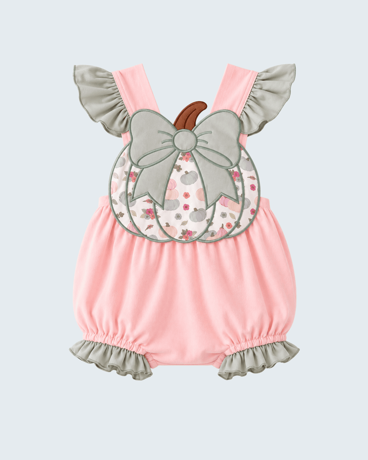 Pink pumpkin bow appliqué bubble romper with ruffle straps and hem