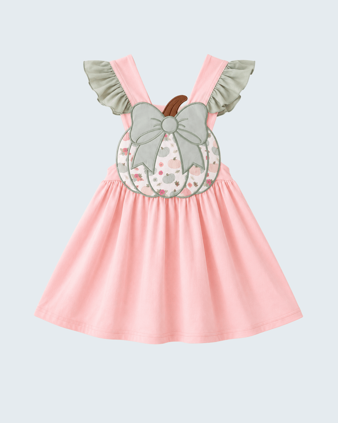 Pink dress with ruffled sleeves and pumpkin bow appliqué on the bodice