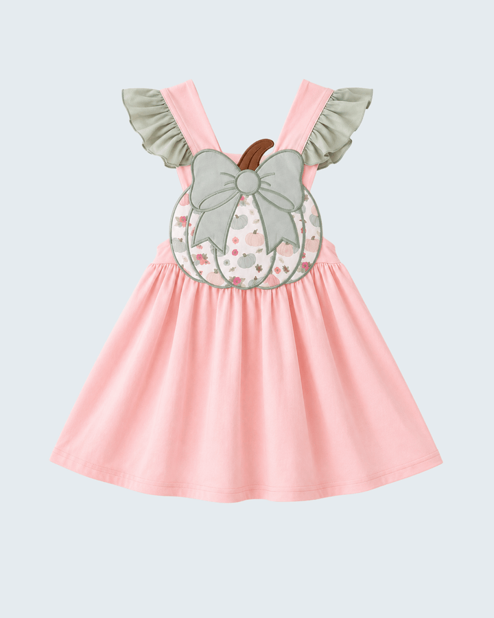 Pink dress with ruffled sleeves and pumpkin bow appliqué on the bodice