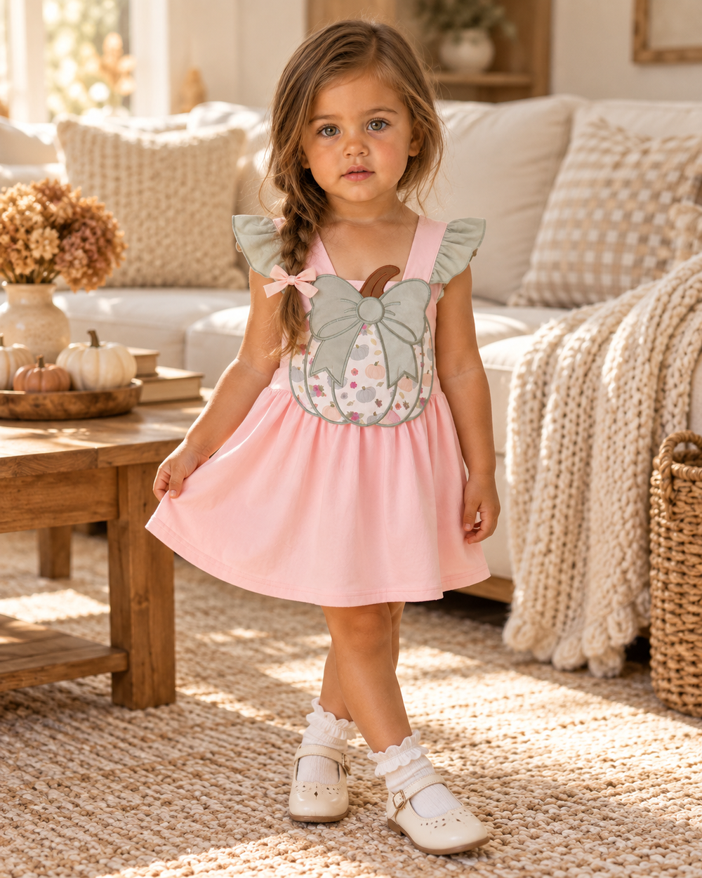 Pink toddler dress with pumpkin bow appliqué and ruffle sleeves