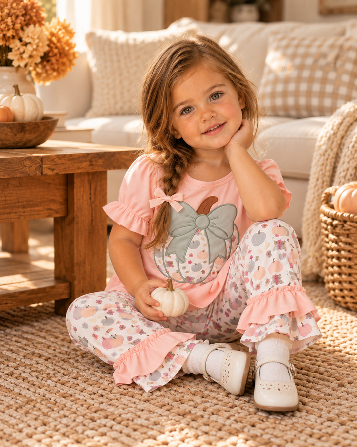 Pink ruffle pants set with pumpkin bow appliqué