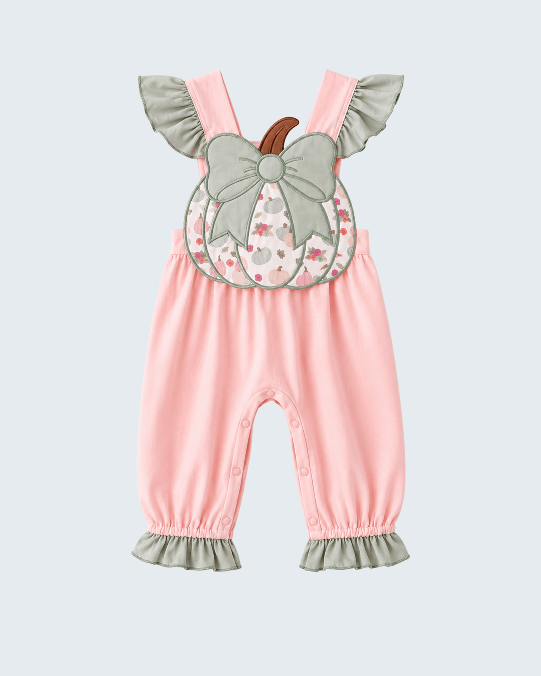 Pink pumpkin bow romper with gray ruffle trim and front snap-button legs