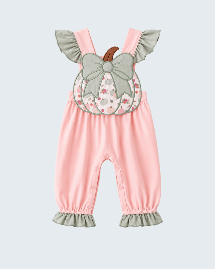 Pink pumpkin bow romper with gray ruffle trim and front snap-button legs