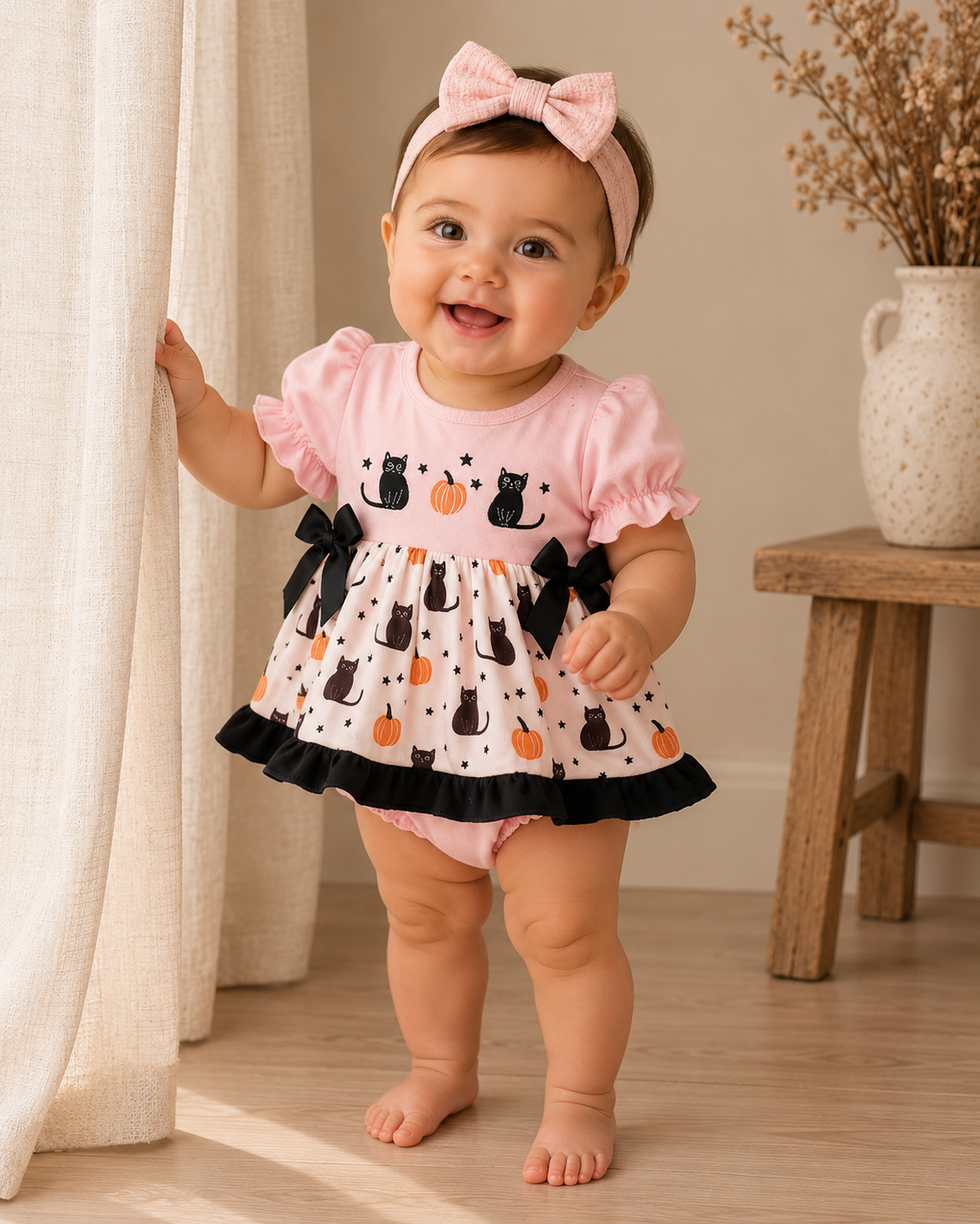 A baby girl wearing a pink and white Halloween-themed dress with black cat prints and orange pumpkins, a matching pink bow headband, and pink diaper cover, standing on a wooden floor next to a cream curtain.