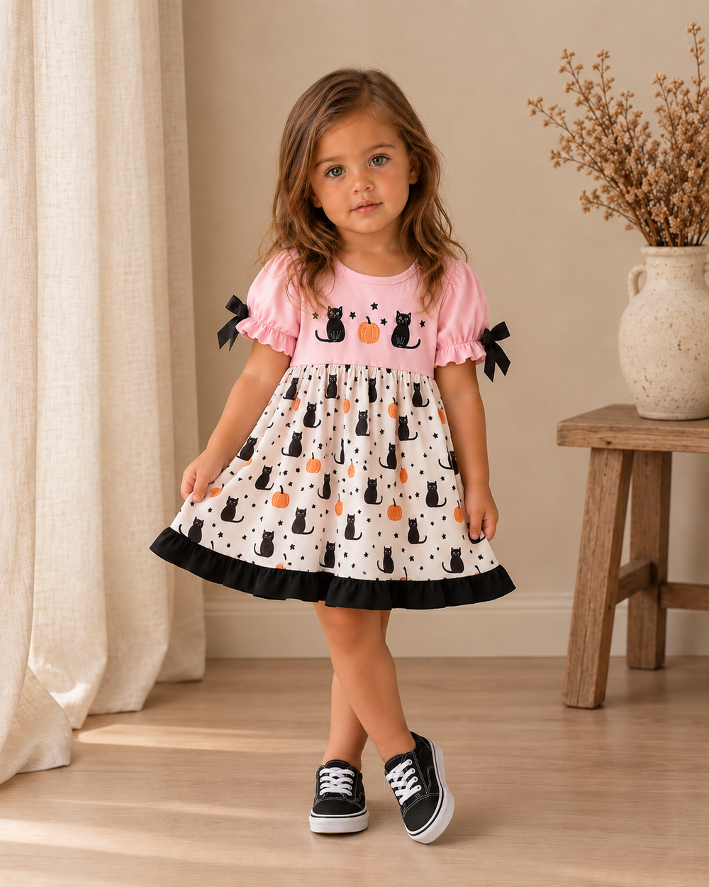 A young girl stands in a room wearing a short-sleeve dress with a pink bodice, black bow details, and a white skirt patterned with black cats and orange pumpkins. She is wearing black and white sneakers.