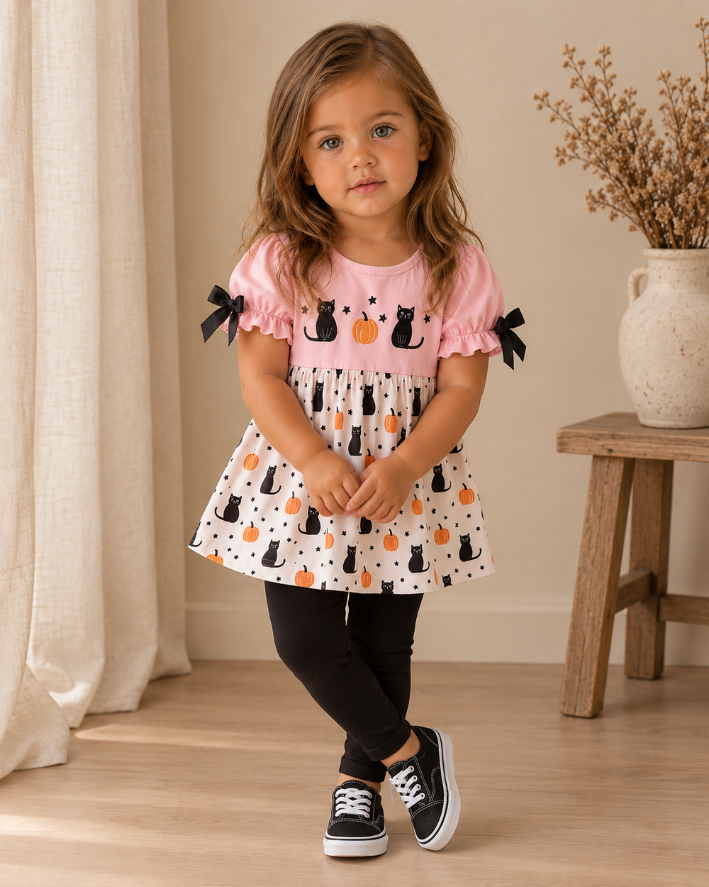 A young girl stands in a styled indoor room wearing a pink and white Halloween-themed dress with black cat prints, black bow accents on the sleeves, black leggings, and black sneakers.