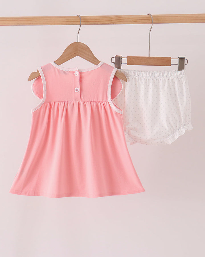 Pink sleeveless dress with pumpkin embroidery and white bloomer set