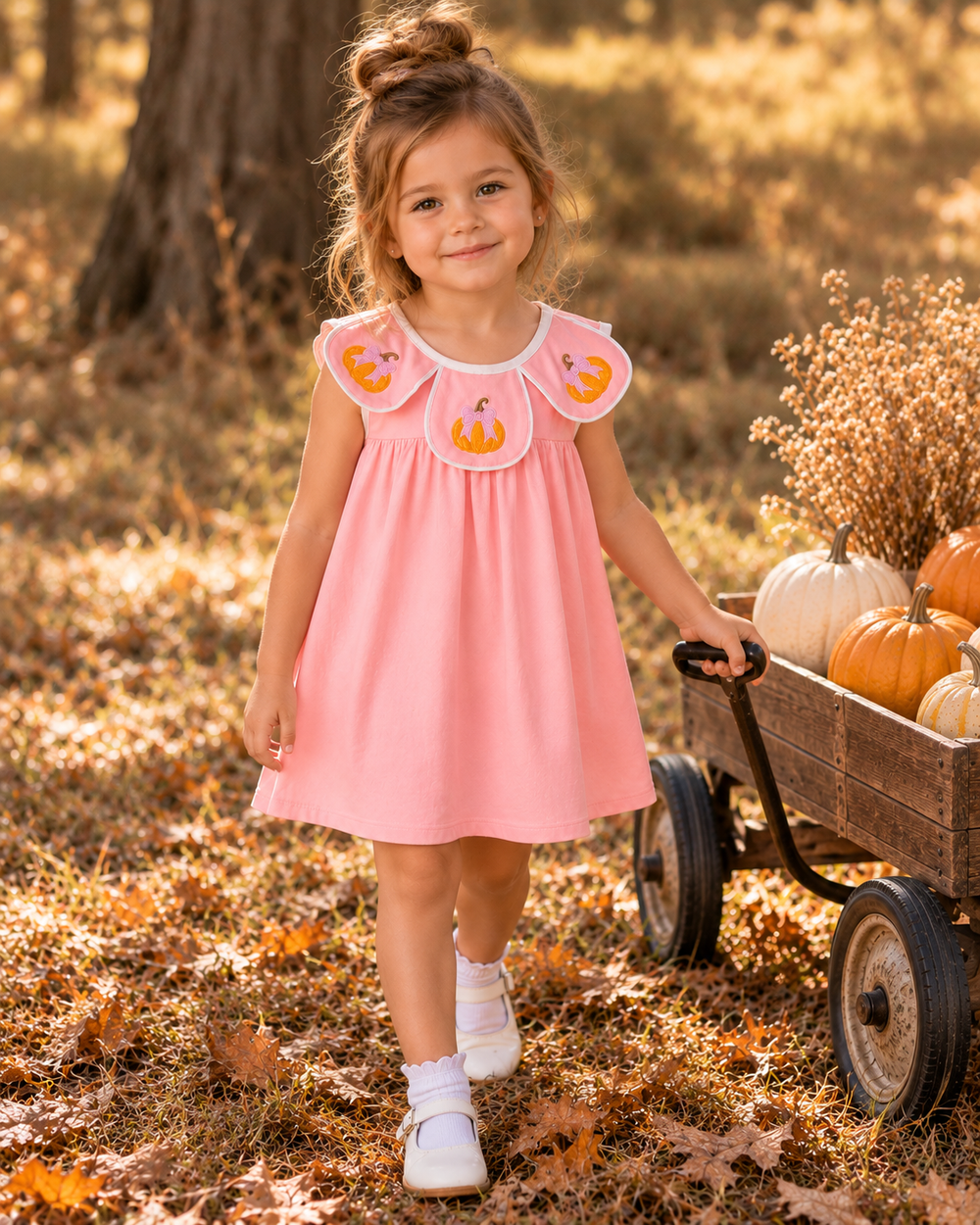 Young girl is wearing a Pink Pumpkin Embroidered Dress