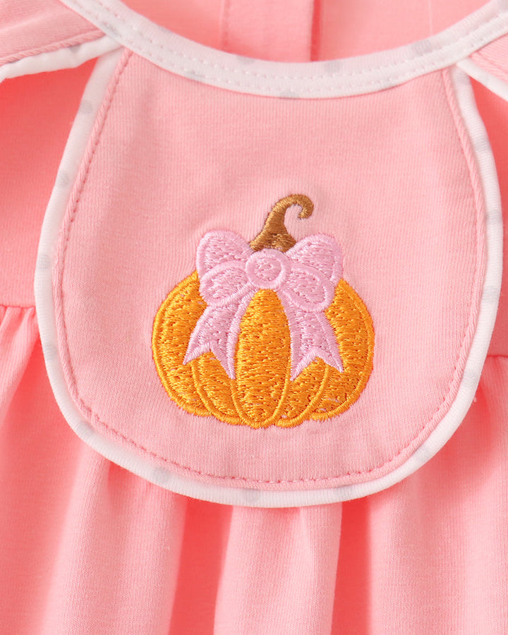 Pink sleeveless dress bib with pumpkin applique embroidery