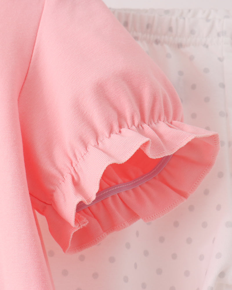 Pink T-shirt sleeve with gathered ruffle cuff and stitched seam