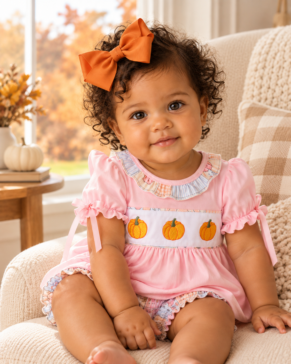Baby wearing pink ruffle dress with pumpkin print and matching bloomer shorts