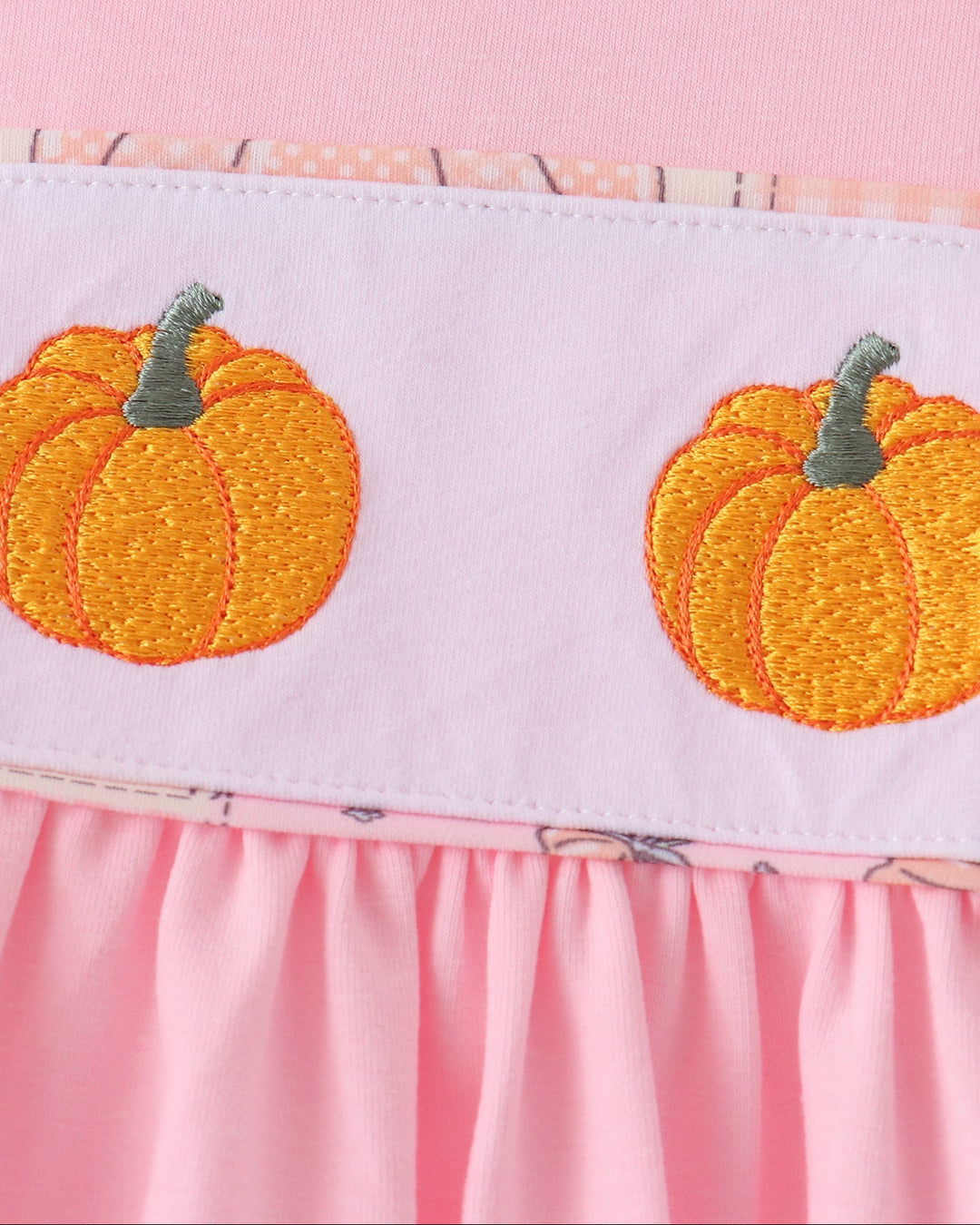 Pink bloomer set with orange pumpkin embroidery and ruffled trim