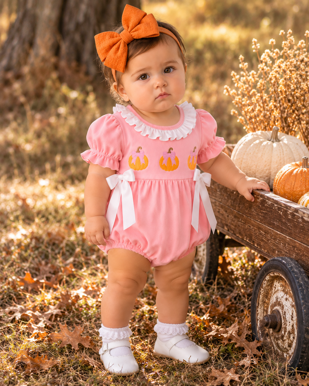Baby girl is wearing a Pink Pumpkin Embroidered Ruffle Bubble