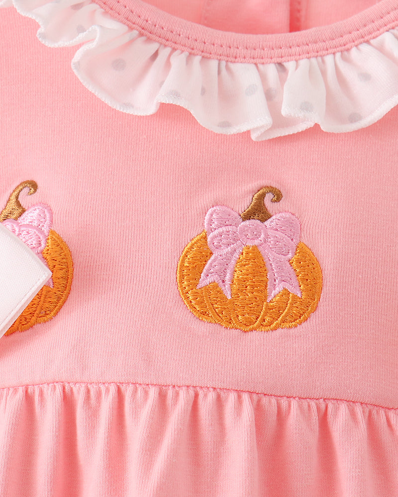 Pink bubble romper with ruffle collar and embroidered pumpkin bows