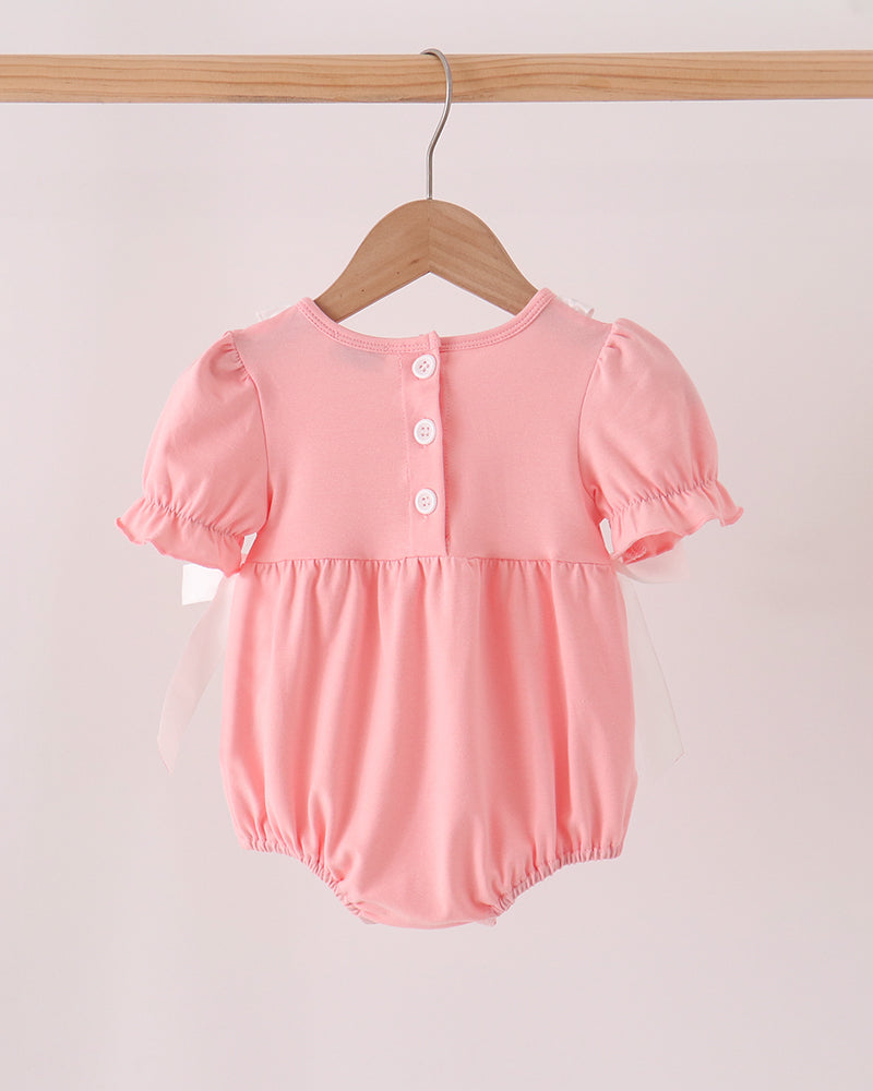 Pink baby bubble romper with front buttons and puff sleeves
