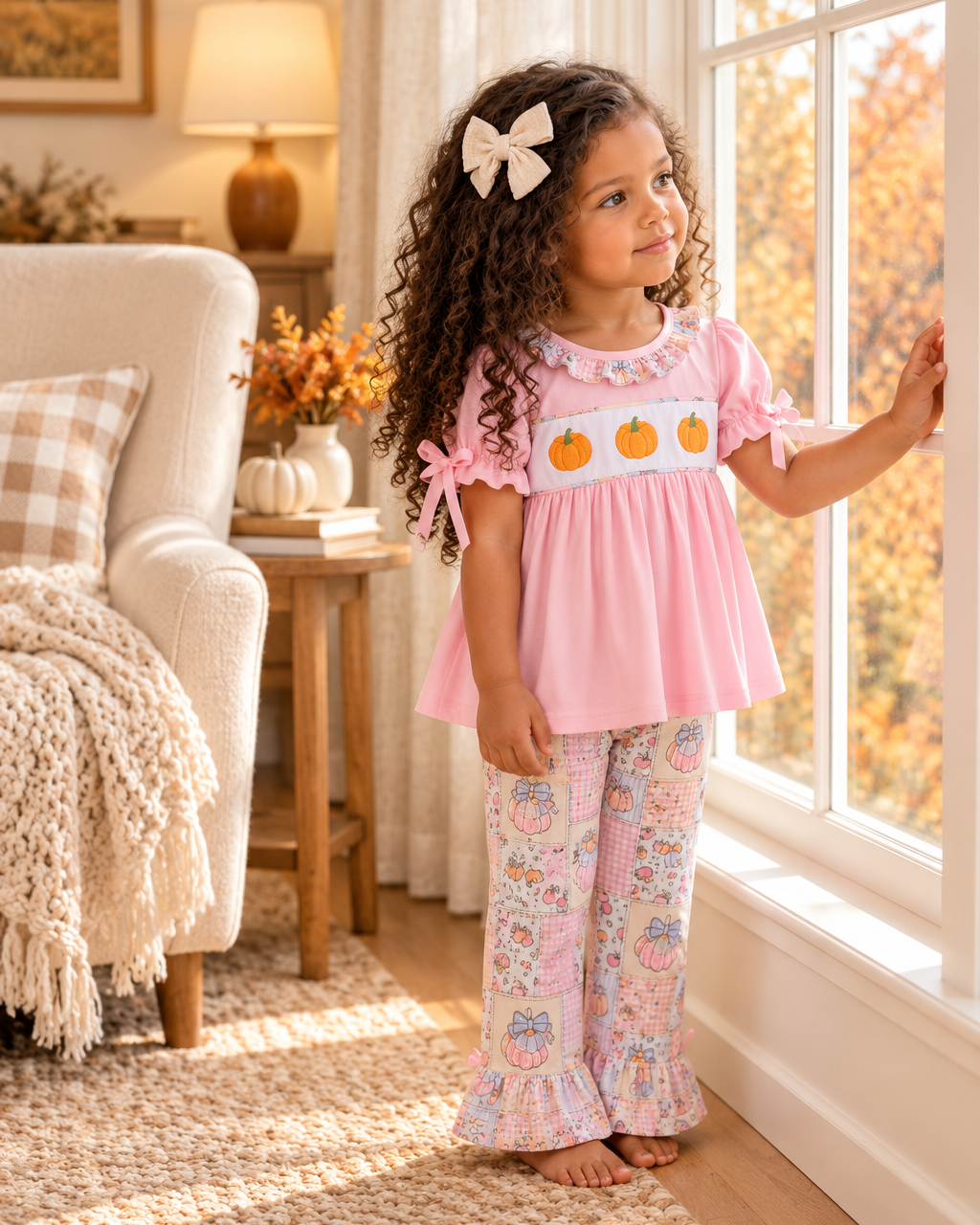 Pink ruffle top and patchwork pumpkin pants set on child, bow shoulder ties