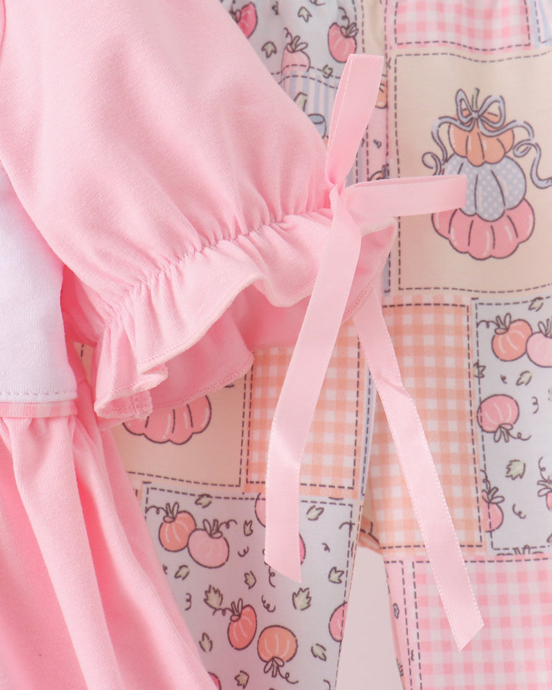 Pink ruffle top with pumpkin embroidery and patchwork ruffle pants set