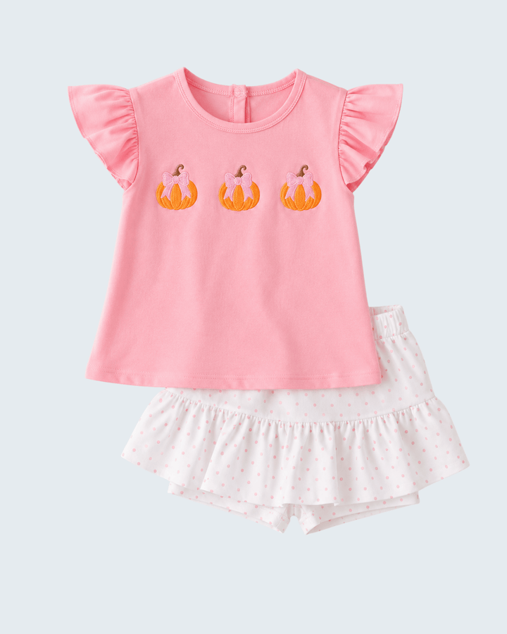 Pink Pumpkin Embroidered Skort Set