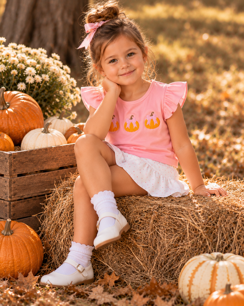 Young girl is wearing a Pink Pumpkin Embroidered Skort Set