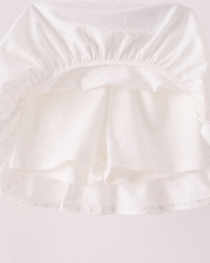 White skort skirt with elastic waist and layered ruffled flare
