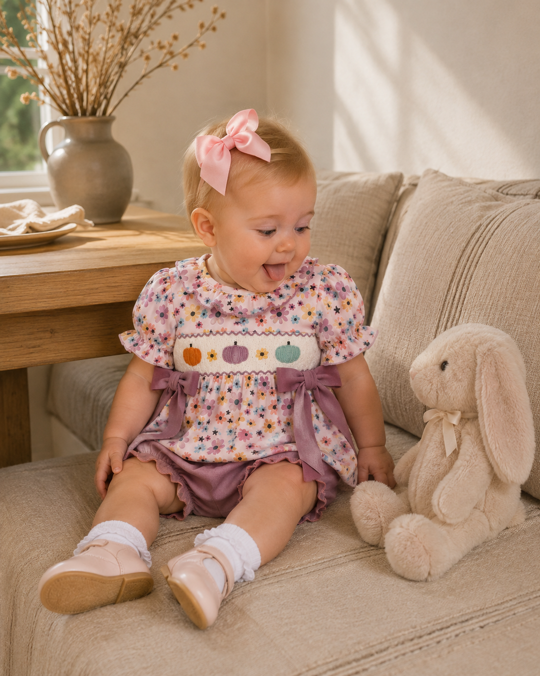 A baby girl sitting on a beige couch next to a plush bunny toy, wearing a floral print romper with purple ruffle trim and a pink bow in her hair.