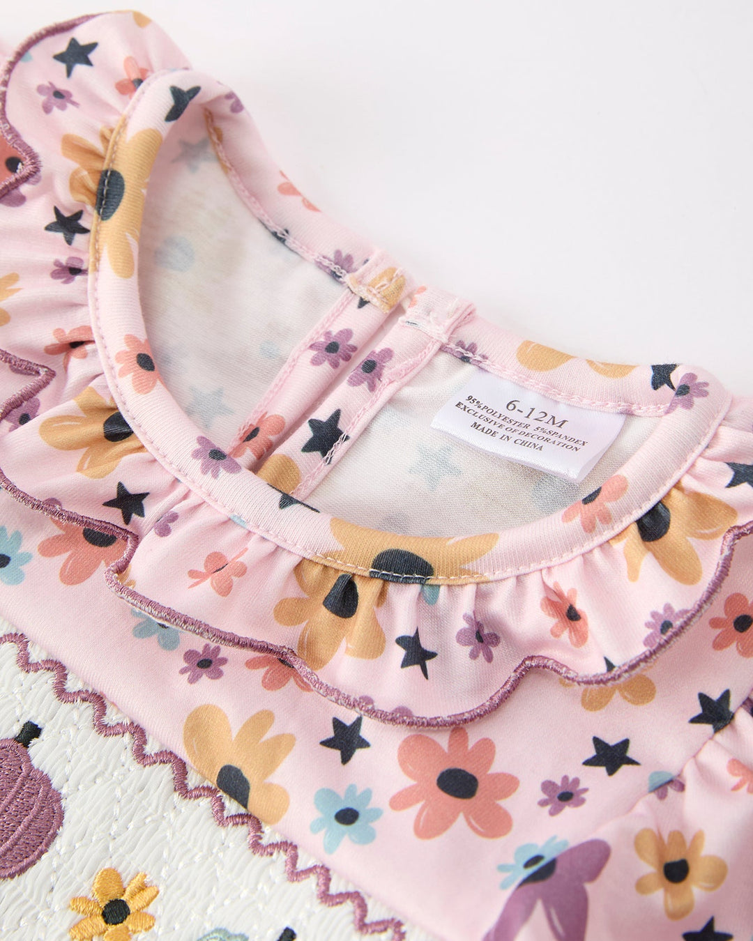 Close-up of pink floral neckline with ruffled trim and buttoned keyhole back
