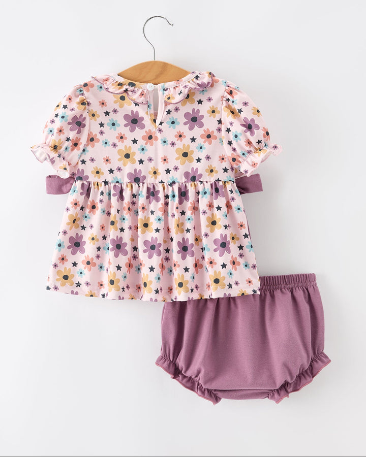 Floral baby dress top with puff sleeves and lavender bloomer shorts set