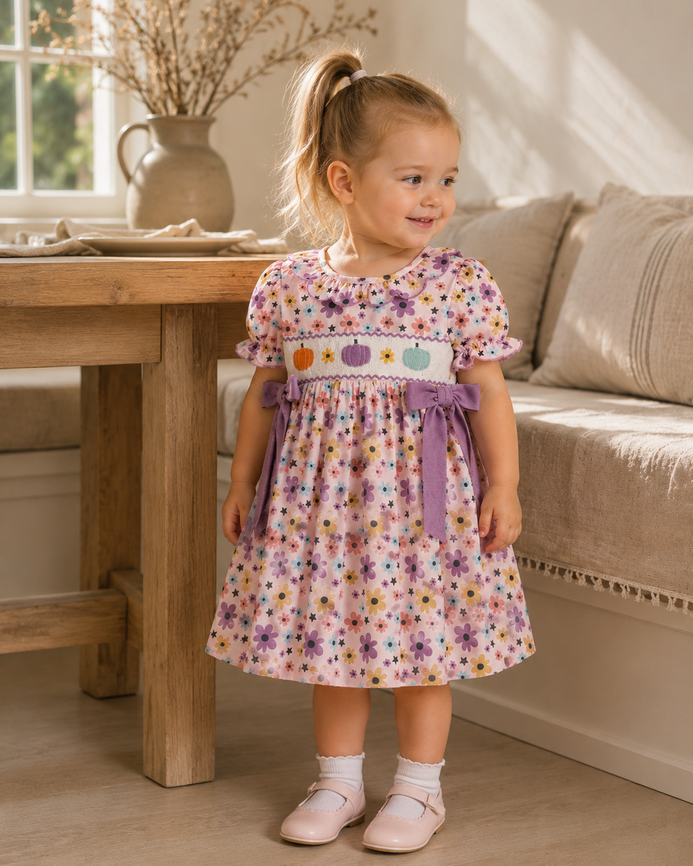A young girl with blonde hair in a ponytail stands in a cozy living room wearing a short-sleeved pink floral dress with a purple waist tie and bow, white socks, and pink shoes.