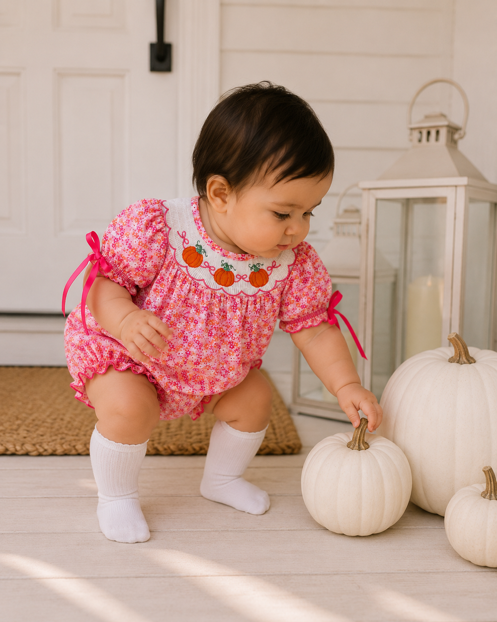 Pink floral bubble romper on toddler with smocked yoke, ruffled cuffs and tied sleeves