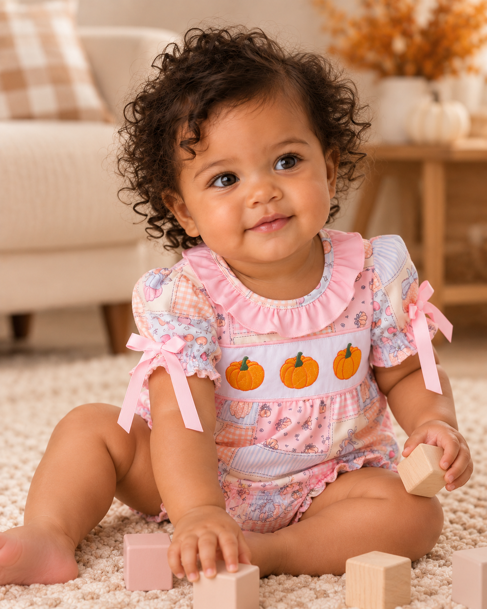 Baby girl is wearing a Pink Pumpkin Patchwork Embroidered Ruffle Bubble