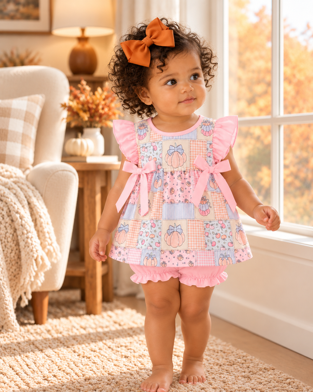 Pink pumpkin patchwork ruffle dress with matching bloomers on toddler