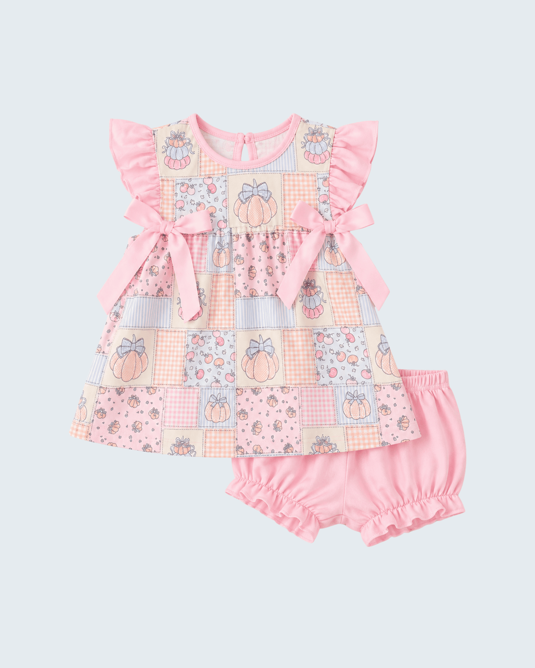 Pink pumpkin patchwork ruffle bloomer set, dress and matching shorts