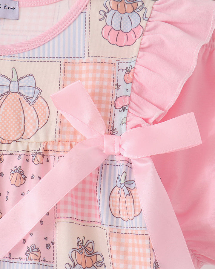 Pink patchwork ruffle bloomer set, large bow at bodice detail