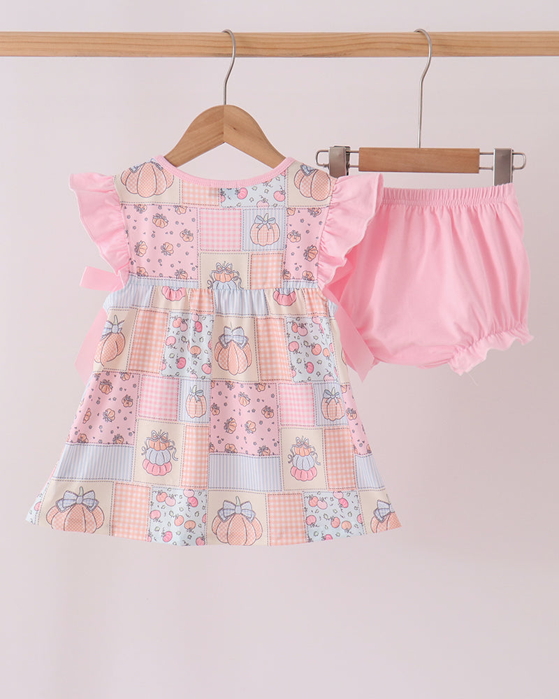 Pink pumpkin patchwork ruffle dress with matching bloomers set, bow sleeves