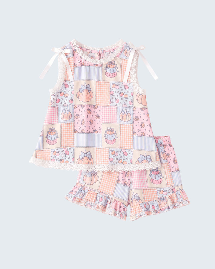 Patchwork ruffle shorts set, sleeveless top with lace trim and pink, blue, orange prints
