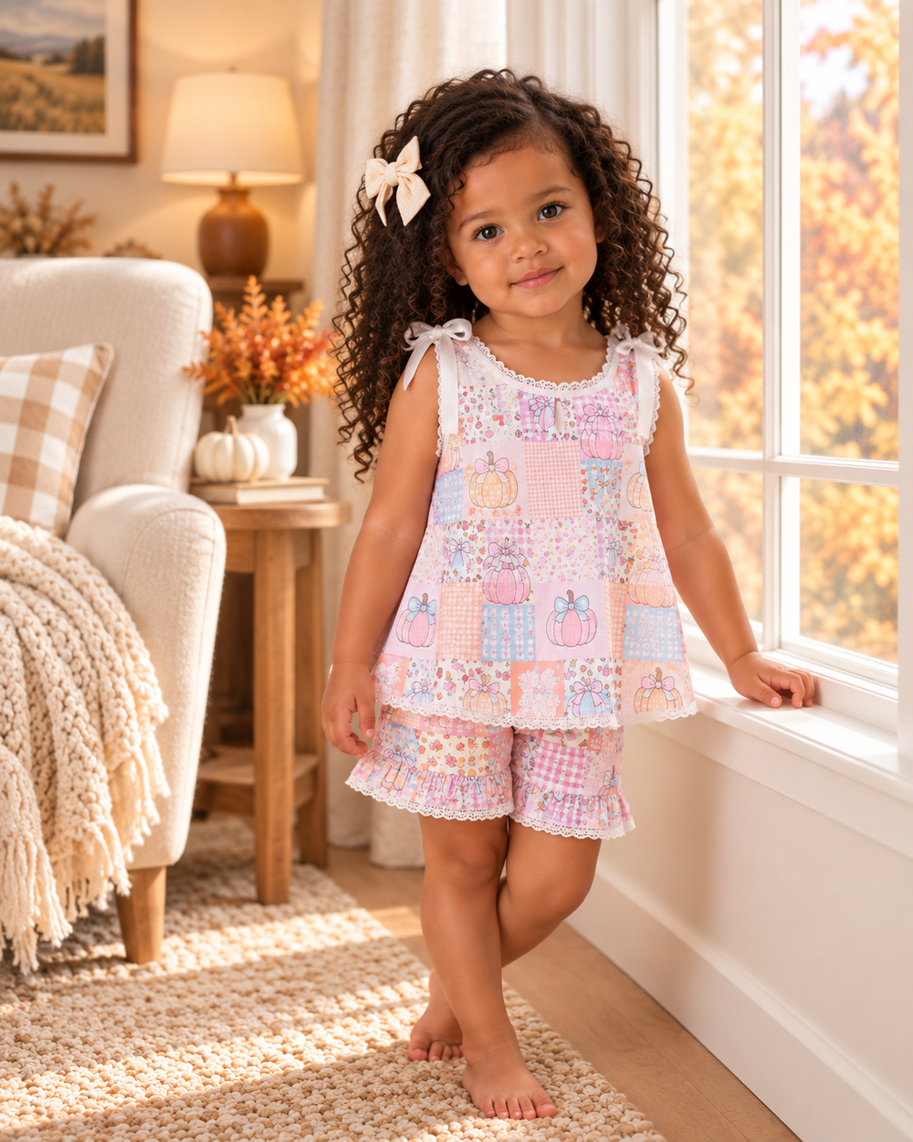 Girls' patchwork ruffle shorts set on model, lace-trim top with pastel pumpkin prints