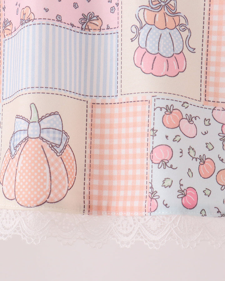 Patchwork ruffle shorts set fabric detail, pastel pink, blue, orange with stitched seams