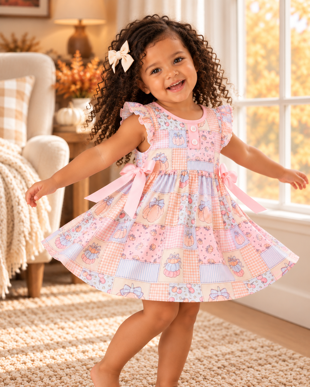 Young girl is wearing a Pink Pumpkin Print Ruffle Dress