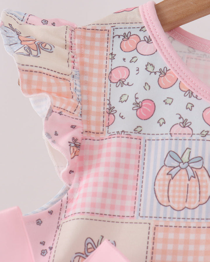 Pink pumpkin patchwork ruffle dress neckline and short puff sleeve