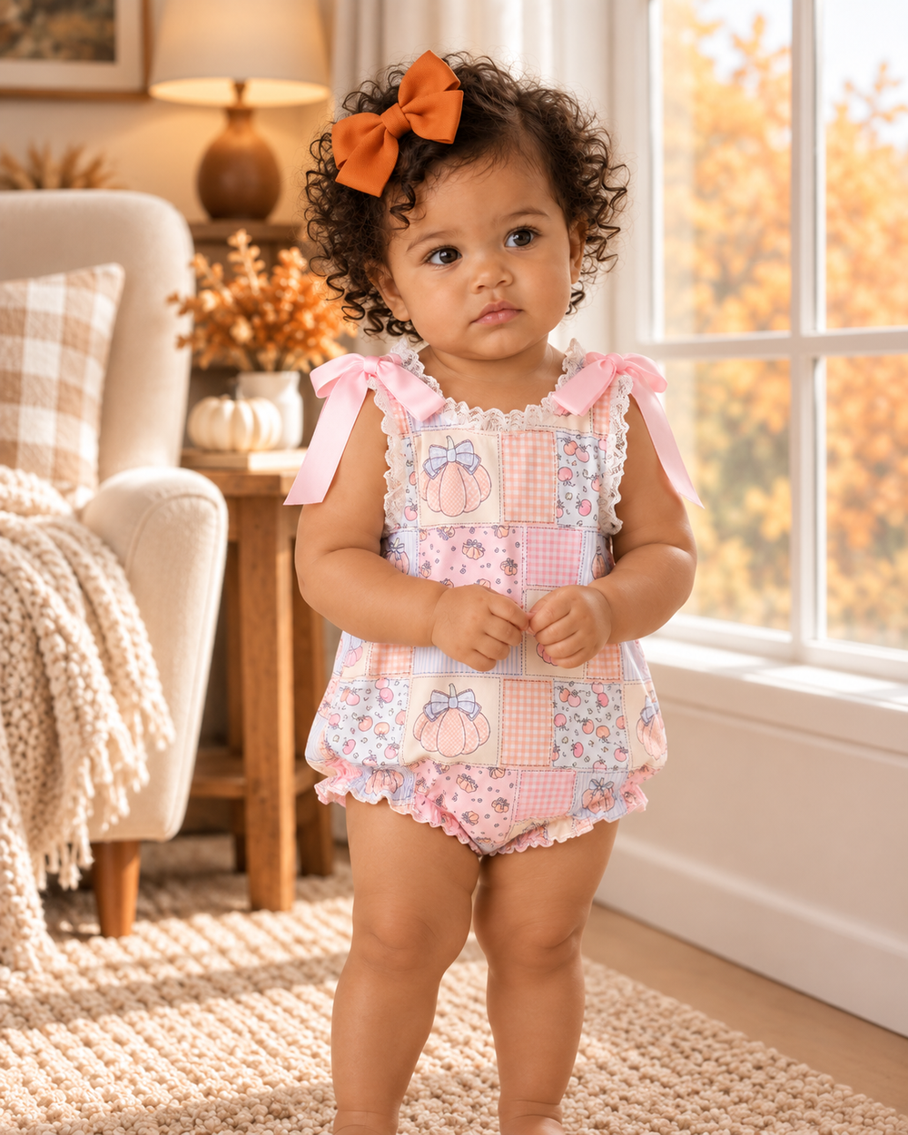Toddler girl is wearing a Pink Pumpkin Ruffle Bubble