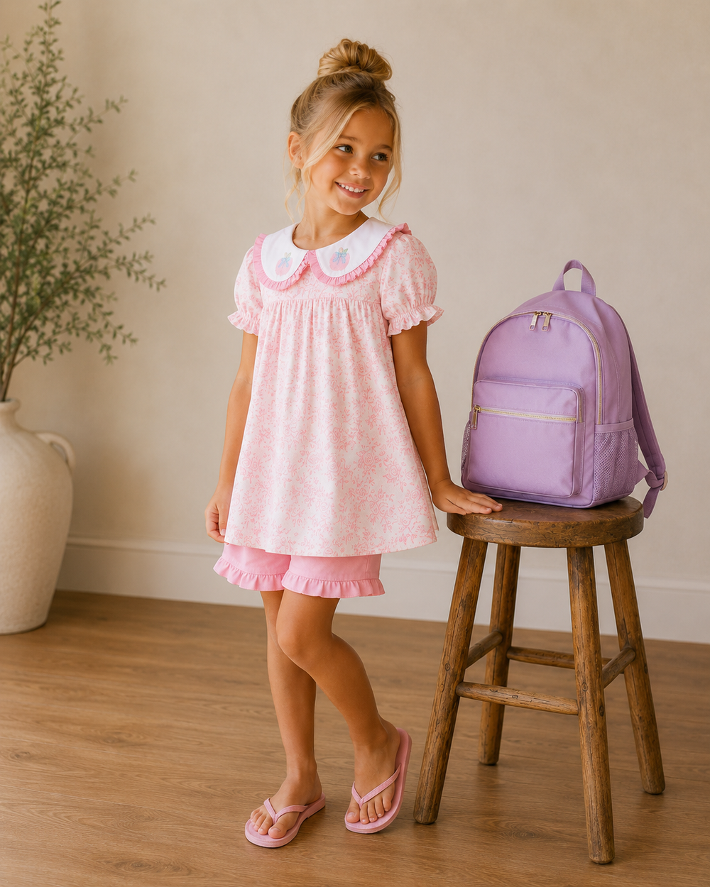 Girls' pink apple embroidery ruffle dress and matching shorts set